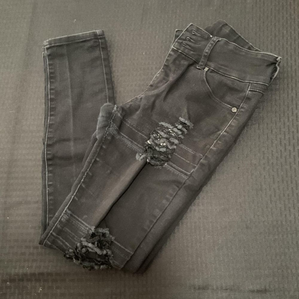 Zing's Jeans Juniors 7/8 Gray High Rise Skinny Distressed Stretch Denim